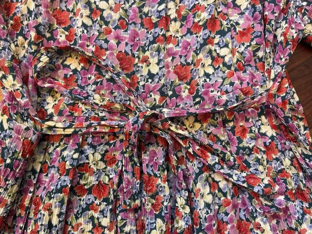 Caroline Wells Collection Vintage 90s Floral Crinkle Rayon Midi Dress Grunge
